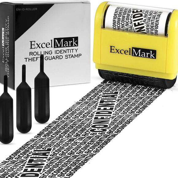 ExcelMark Rolling Identity Theft Guard Stamp & Refill Ink Pack Set - Picture 3 of 13